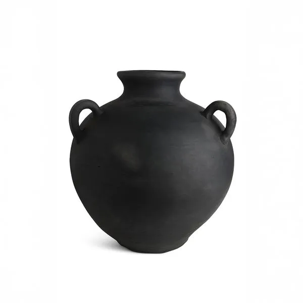 Black terracotta vase with smooth matte finish, rounded body, narrow neck, and two loop handles