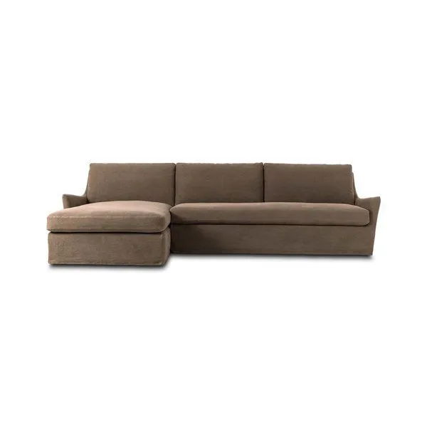 Two-piece sectional with left chaise, flared arms, and floor-length brown slipcover in soft tight weave linen