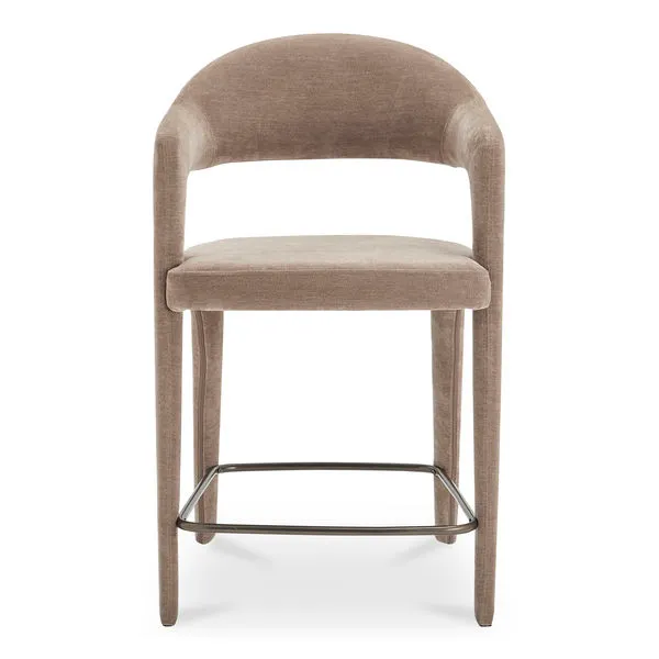 Martens counter stool with open barrel back, continuous leg-to-frame curve, padded fabric seat, and metal footrest