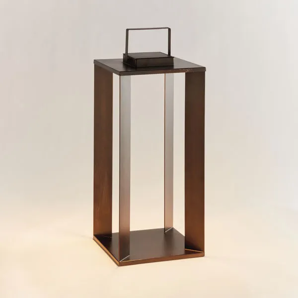 Hanley Solar LED Lantern with rectangular bronze metal frame, solar panel on top, and open center for warm light