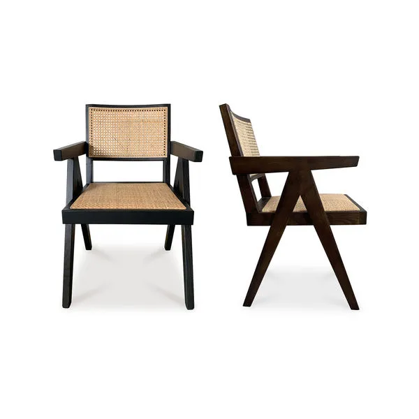 Set of 2 Takashi dining chairs in black frame with natural rattan seat and back, mid-century modern design