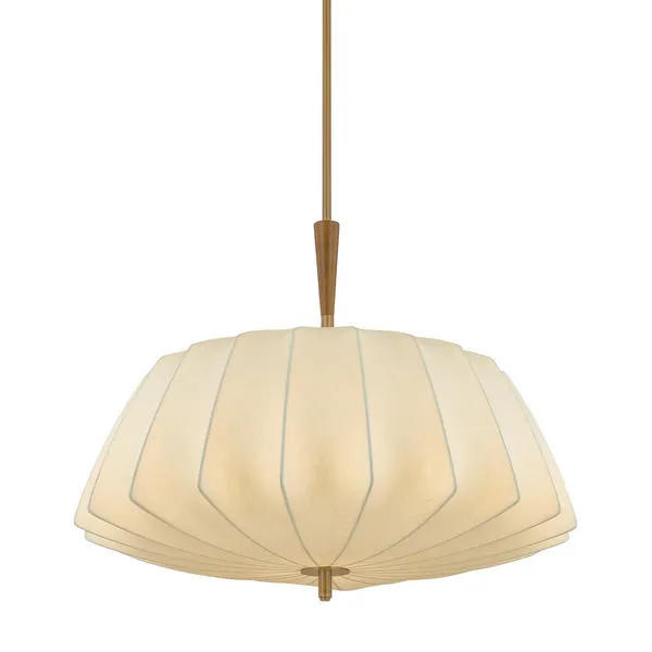 Flinders pendant with a large faceted cream polymer fabric shade and patina brass suspension with an oak wood detail
