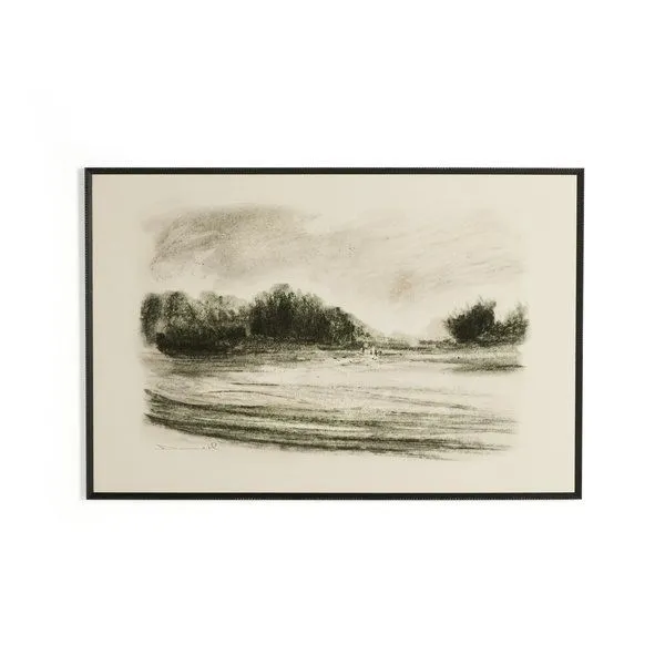 Hand-drawn coastal landscape painting in sketched style with black distressed pine frame