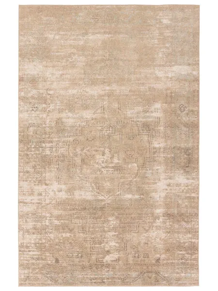 Rectangular Leshni Medallion rug in tan and sage tones with a distressed vintage pattern on jute and polyester base