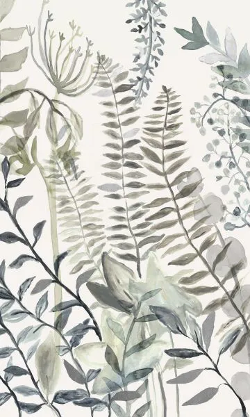 Botanical Garden II painting with layered green and gray leafy foliage on a light background, showcasing various leaf shap...