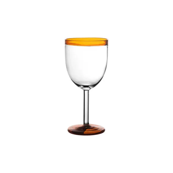 Amber borosilicate wine glass with clear bowl, amber rim, and amber foot on a slender stem