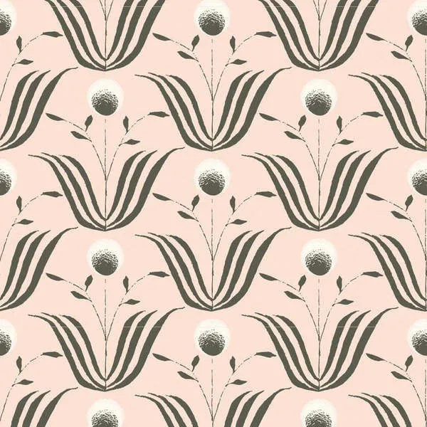 Blush ivory matte wallpaper with a repeating pattern of stylized black leaves and white circular flowers