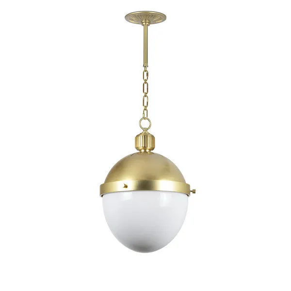 Otis Pendant Medium with milk glass globe and natural brass dome and chain suspension
