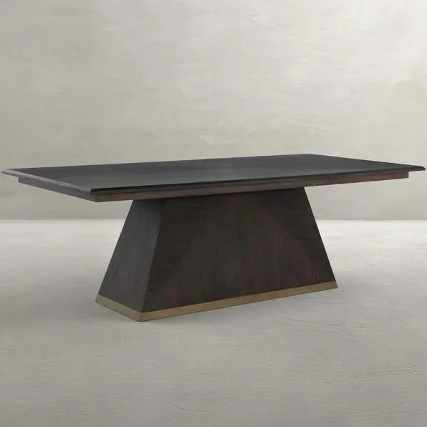 Ferris Mindi Veneer Pedestal Dining Table with cerused forest black finish and gold-toned banded angled base