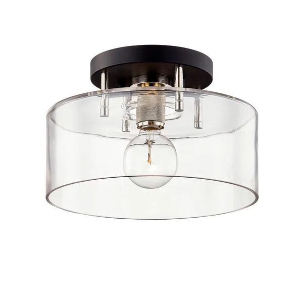 Semi flush mount ceiling light with clear cylindrical glass shade and black metal base