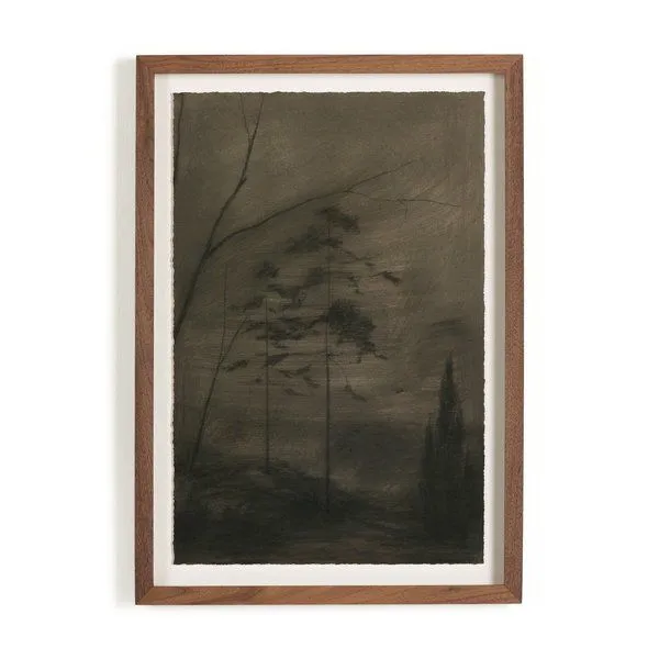 Dark moody landscape painting with tall slender trees and textured walnut frame