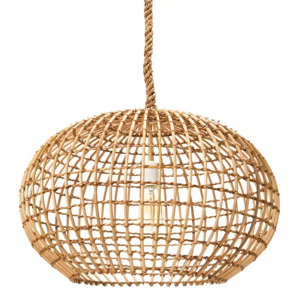 Sable Open-Weave Wicker Pendant Light with oval wicker shade and exposed bulb suspended by braided cord