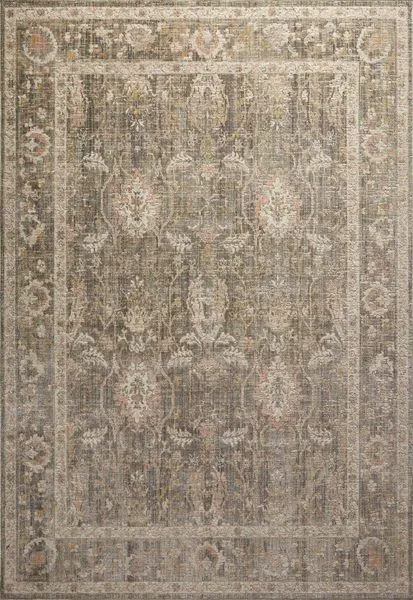 Traditional-style area rug with muted sage, blush, and beige in an intricate antique-inspired pattern