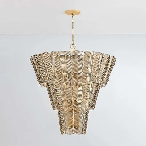 Cassian Chandelier with layered, tapered panels featuring a chevron texture in a golden metallic finish