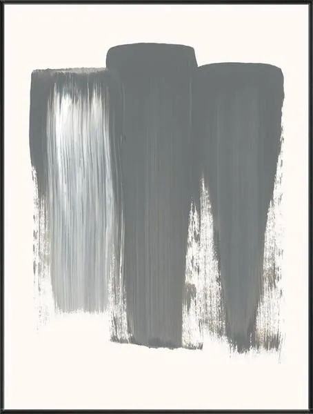Abstract painting titled Disappearance with three vertical gray brushstrokes on a white background, framed