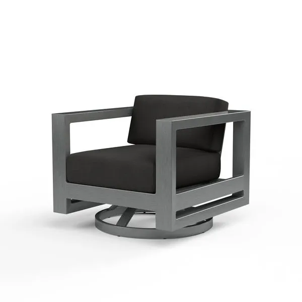 Redondo Swivel Club outdoor accent chair with low back, black cushions, and hand-brushed slate finish aluminum frame
