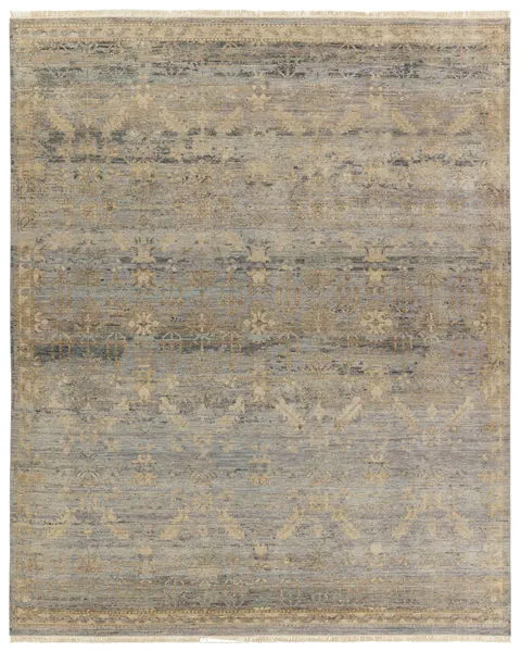 Designer Edit Valerius hand-knotted trellis rug in blue and beige with distressed traditional pattern 9x12 feet