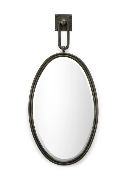Large oval mirror with antiqued bronze iron frame and beveled glass suspended from square wall hook