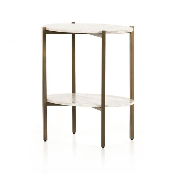 Oval taupe marble nightstand with two shelves and slim antique brass iron frame