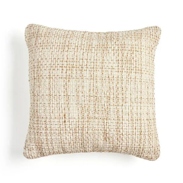 Square Danza Outdoor Pillow with heavy textured cream and tan tweed-like upholstery