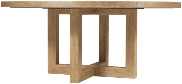 72-inch round driftwood dining table with a sun-faded oak finish and unique open pedestal base