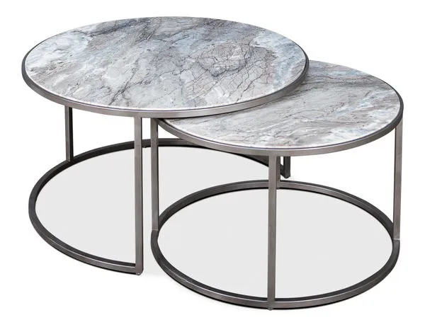 Set of 2 round nesting coffee tables with grey taupe marble tops and antique silver iron frames
