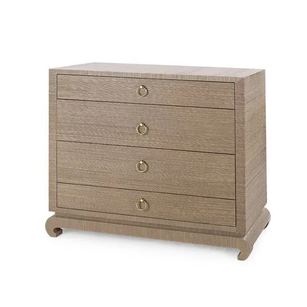Large 4-drawer dresser with earthy brown textured finish, elegant silhouette, soft corners, and podium base