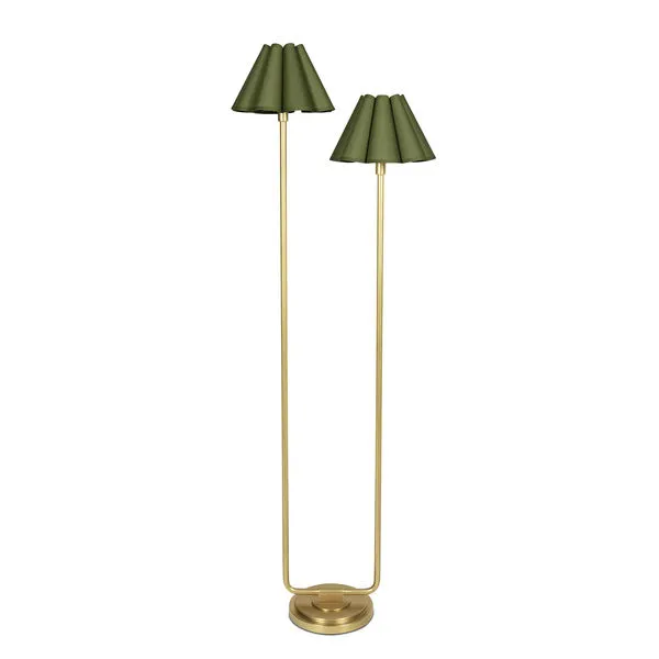 Polly natural brass floor lamp with two scalloped green shades and an asymmetrical multi-level base