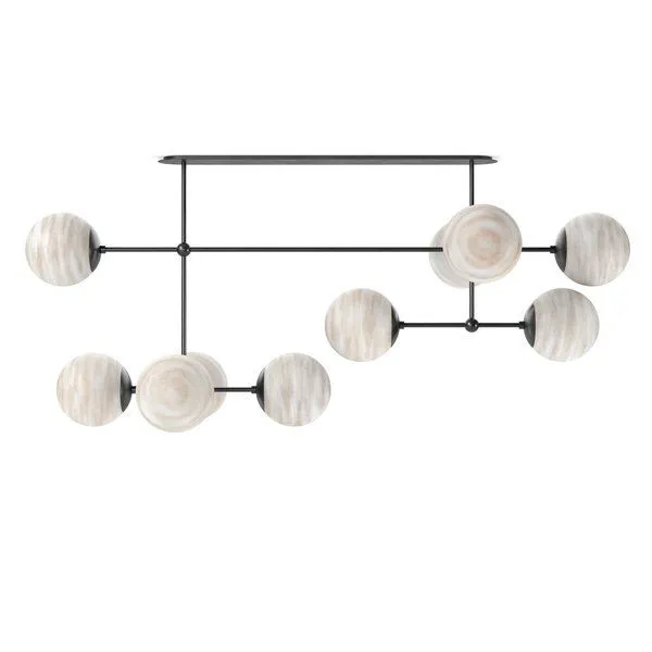 Armstrong Linear Chandelier with marbled glass spheres on smooth blackened brass rods arranged horizontally