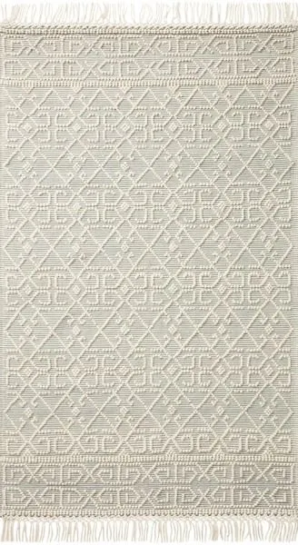 Hand-woven ivory rug with textured geometric pattern and fringe accents