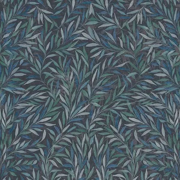 Salix Leaves Wallpaper with lance-shaped leaves in blue and green tones on a dark background
