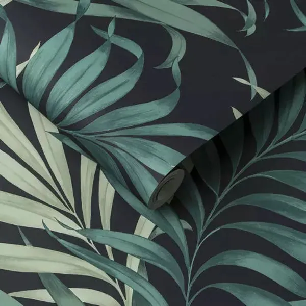 Deep blue Yasuni Wallpaper with large green tropical palm leaf pattern rolled to show texture