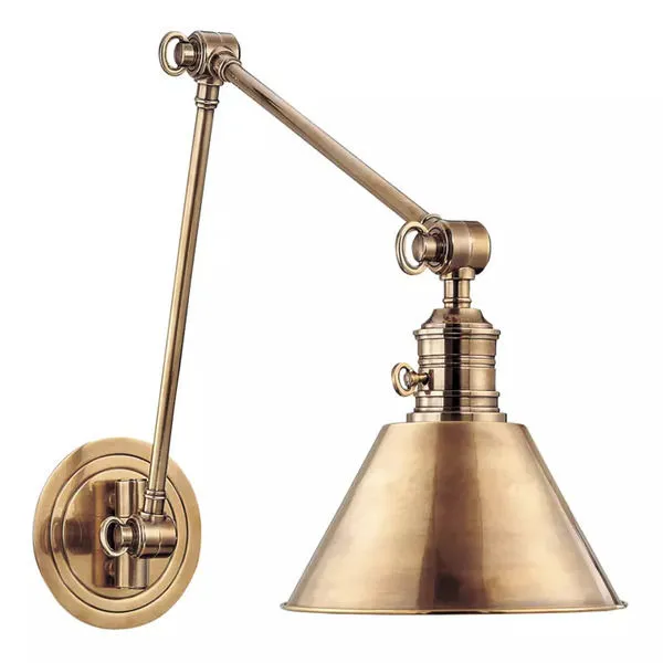Garden City 1 Light Wall Sconce in hand-rubbed metal finish with adjustable arm and wide conical shade
