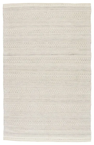 Lenna indoor/outdoor area rug in cream and light gray with a geometric tribal pattern, handwoven textured stripes