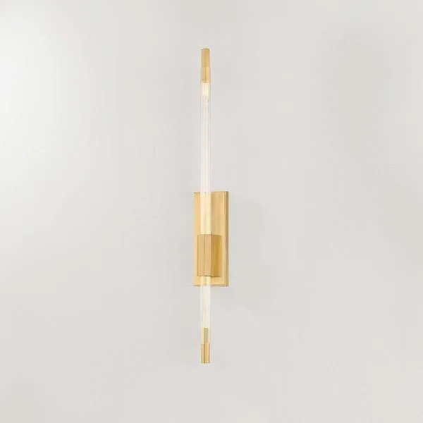 Rosco Wall Sconce with slim vertical edge-lit acrylic rod inside extruded glass and brass metalwork mounting