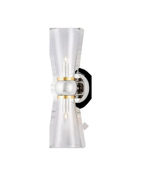 Byford Bath Wall Sconce with polished nickel brass base and hourglass hammered glass cones diffuser