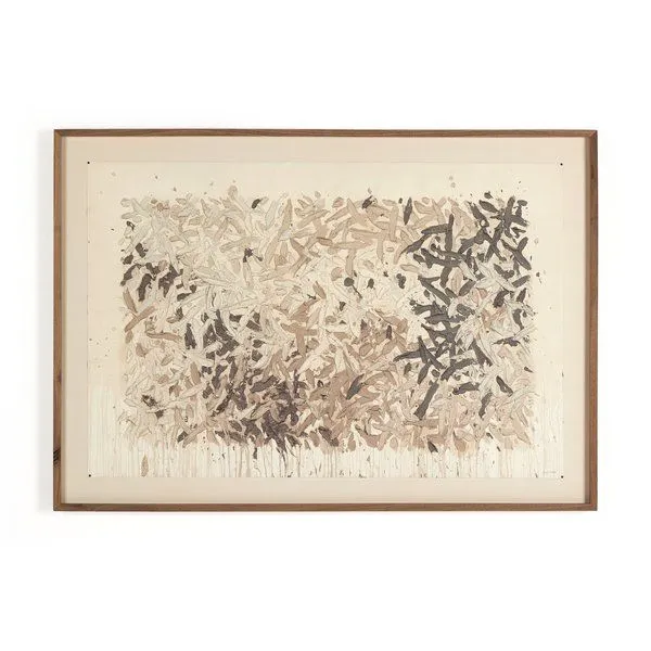 Abstract-expressionist painting with layered neutral tones and thick textured brushstrokes, framed in natural wood
