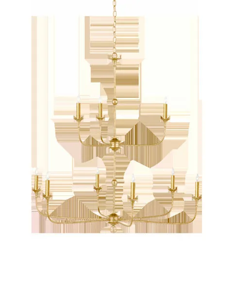 Nottaway Two-Tier Gold Chandelier with minimalist fluid gold arms extending from petite cog stems and delicate ring detail...