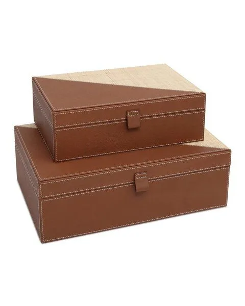 Product Image 1 for Leather & Raffia Box, Set of 2 from Currey & Company