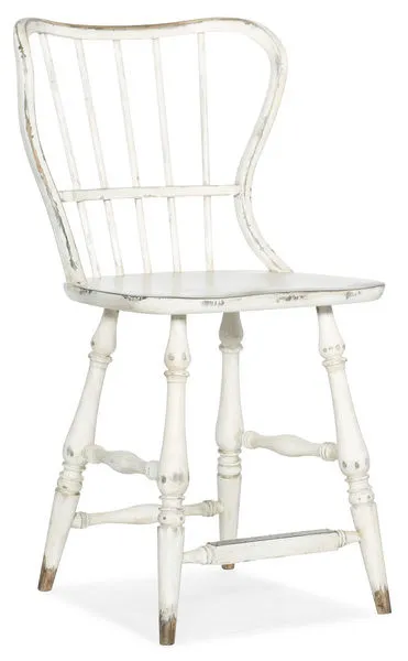Ciao Bella Spindle Back Counter Stool in Vintage Chalky White with distressed spindle back and turned legs
