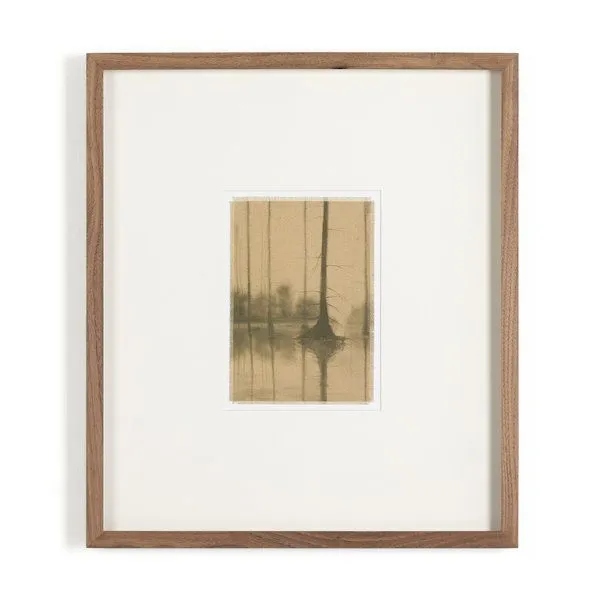 Reflection by Chelsea Fly painting of muted tree reflections in water with rustic 1.5 walnut wood frame