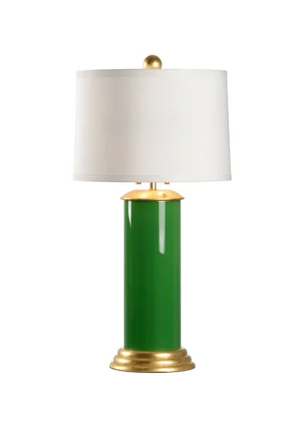 Savannah Lamp with glossy green glass cylinder, gold leaf base and parts, topped with white silk drum shade