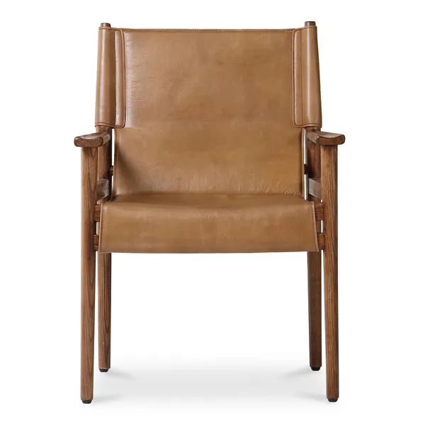 Remy Dining Chair with tan top-grain buffalo leather sling seat and back, burnished wood frame, front view.