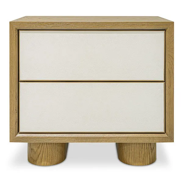 Marcelle nightstand with wire-brushed oak frame, shagreen double drawer fronts, and antique gold metal framing