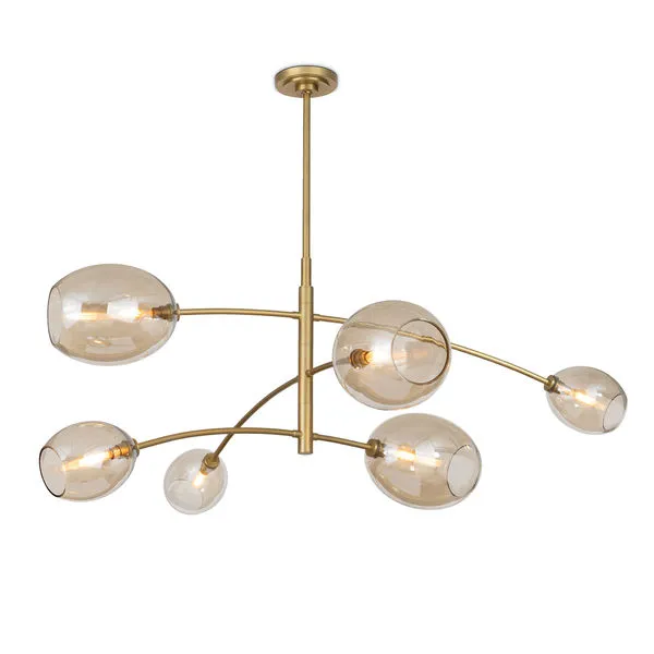 Artemis chandelier with natural brass finish and five open-ended champagne glass globes on gracefully balanced arches