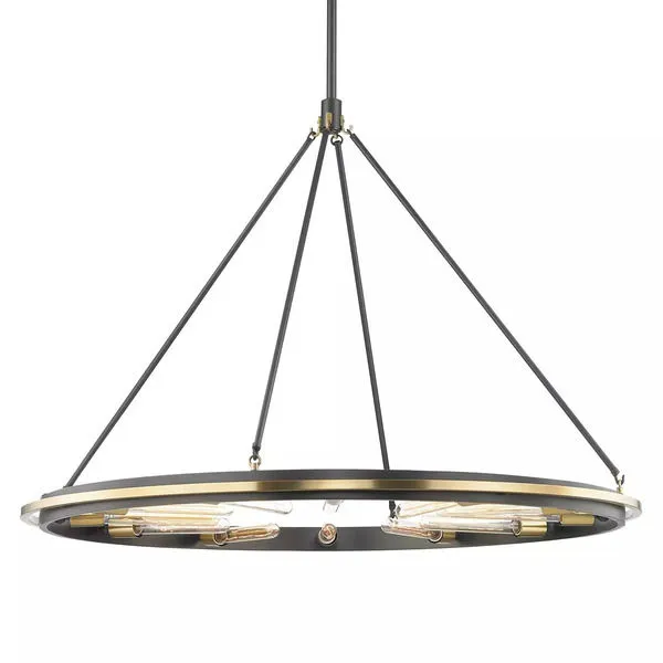 Circular 12-light pendant with a metal band and offset ring, vintage-style rods, and inward-facing tubular bulbs in a dark...