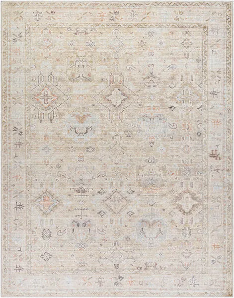 Traditional Marlene dusty coral area rug with intricate faded geometric patterns in beige, coral, and light brown hues