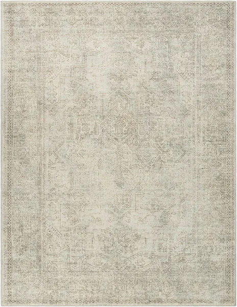 Margot Dusty Sage machine woven vintage style rug with a subtle traditional pattern in soft muted green and beige tones