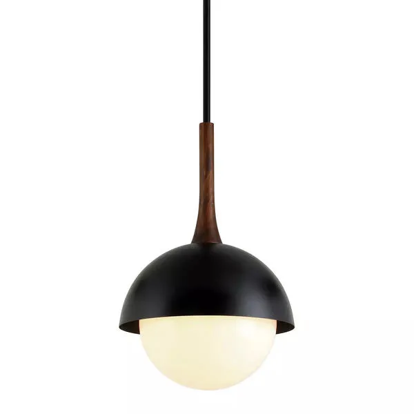 Cadet Pendant with matte black half-dome metal shade and white glass globe diffuser suspended from wood accent stem