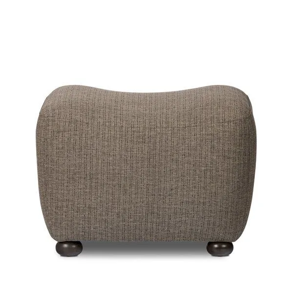 Kylo Ottoman in double striped taupe fabric with sweetheart shape and rounded wooden bun feet